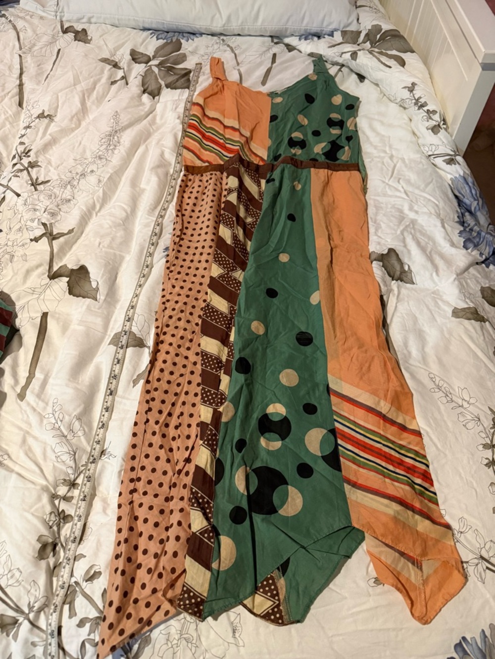 Anthropologie Odille Asymmetrical Patchwork Dress in Green, Peach, Brown